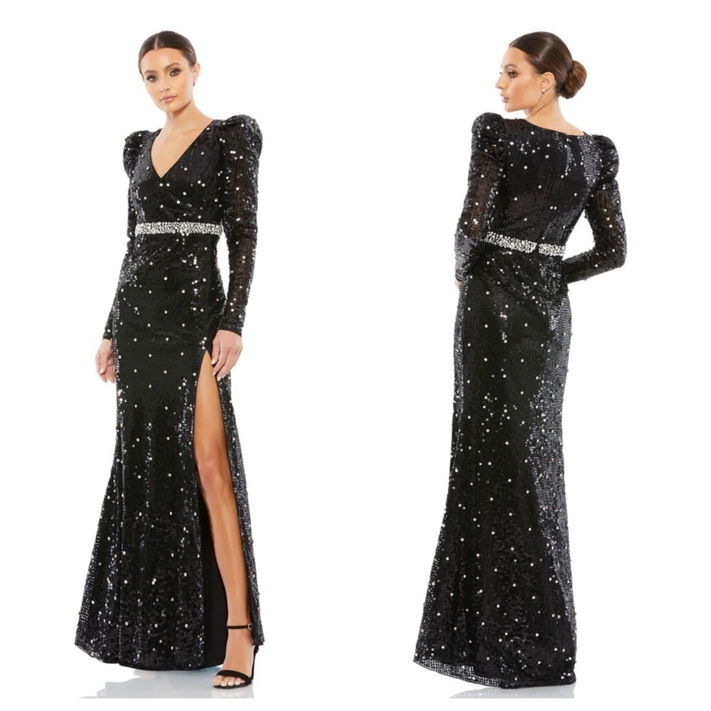 New! MacDuggal sequin faux wrap puff sleeve trumpet gown maxi dress 17501